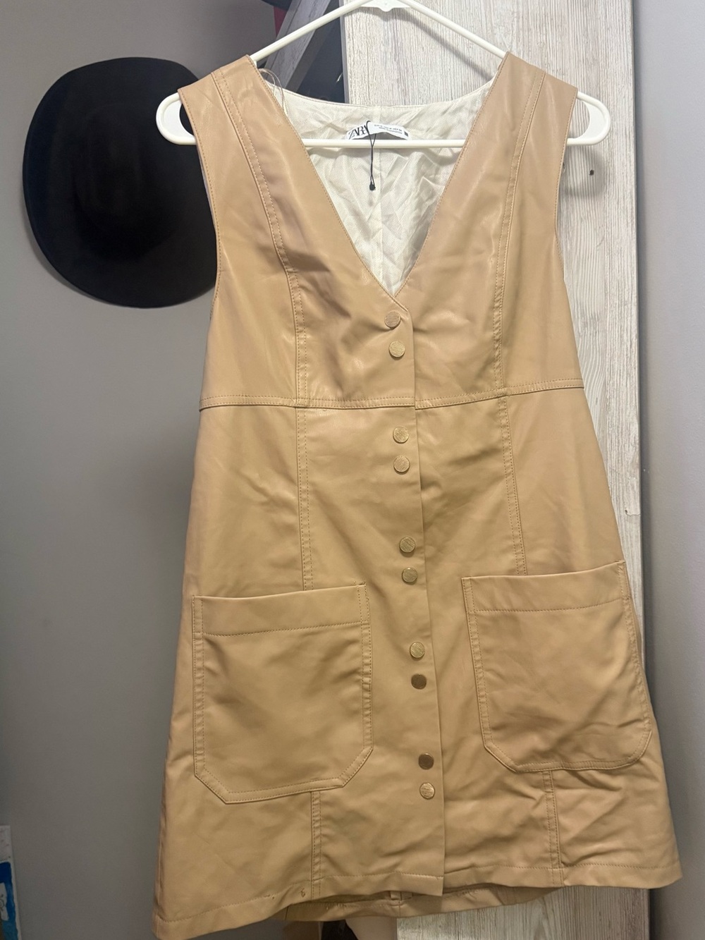 Zara Tan Button-Front Vegan Leather Pinafore Dress
